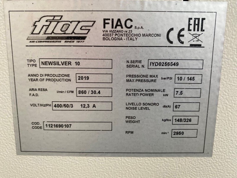 Ny Luftkompressor Fiac New Silver 10 Silent 7.5 kW 860 L / min 10 bar Elektrische Schroefcompressor: bilde 6