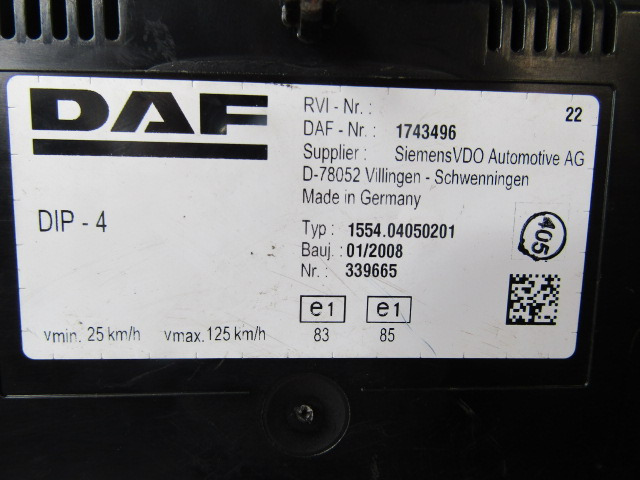 DAF XF 105 CLOCK CLUSTER P/NO 1743496 - Elektrisk system for Lastebil: bilde 2 DAF XF 105 CLOCK CLUSTER P/NO 1743496 - Elektrisk system for Lastebil: bilde 2
