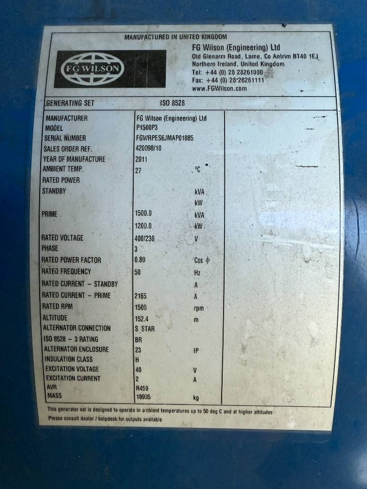 FG Wilson P1500P3 - 1.650 kVA Generator - DPX-12628 - Elektrisk generator: bilde 5 FG Wilson P1500P3 - 1.650 kVA Generator - DPX-12628 - Elektrisk generator: bilde 5