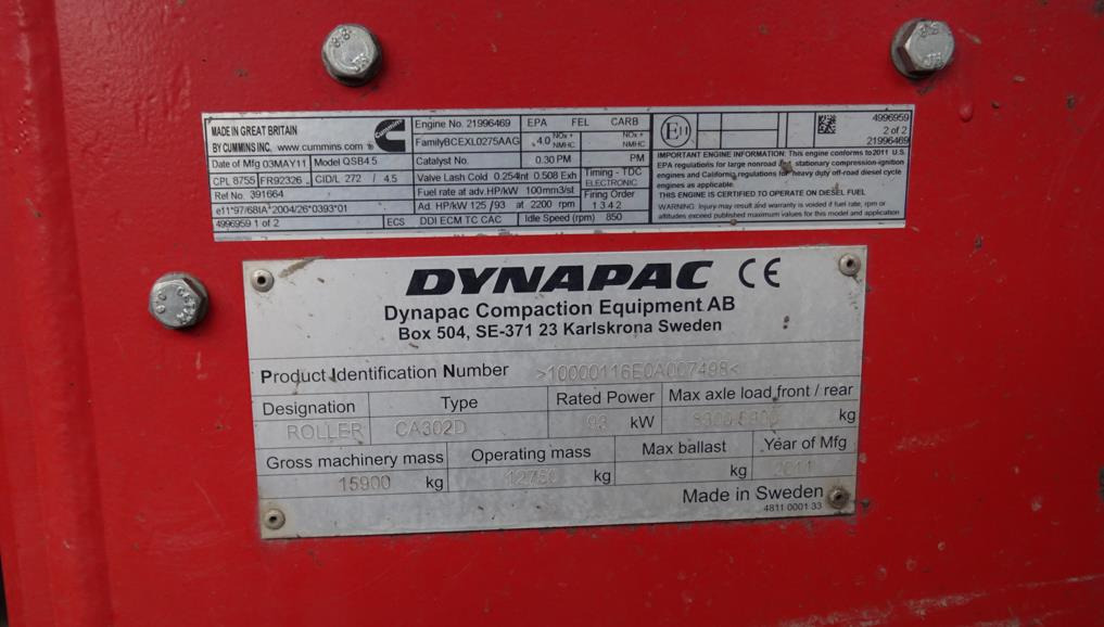 Walec DYNAPAC CA 302D 2011 - 3393 mth - CE - 15,9t - Vals: bilde 5 Walec DYNAPAC CA 302D 2011 - 3393 mth - CE - 15,9t - Vals: bilde 5