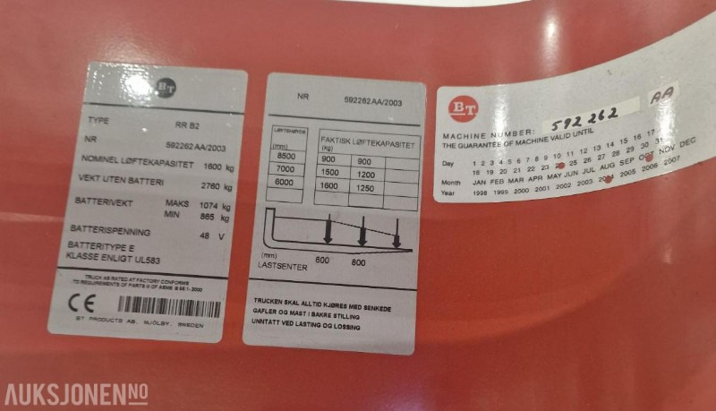 2004 BT Skyvemast truck med vekt. Kun 1412 timer. Modell RR B2 - Materialhåndteringsutstyr: bilde 4 2004 BT Skyvemast truck med vekt. Kun 1412 timer. Modell RR B2 - Materialhåndteringsutstyr: bilde 4
