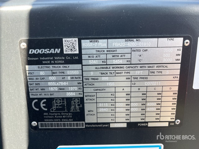 2024 Doosan B35X-7 PLUS MAST - FFT, MFH 4380, OAL (Unused) Electric Forklift - El-truck: bilde 3 2024 Doosan B35X-7 PLUS MAST - FFT, MFH 4380, OAL (Unused) Electric Forklift - El-truck: bilde 3
