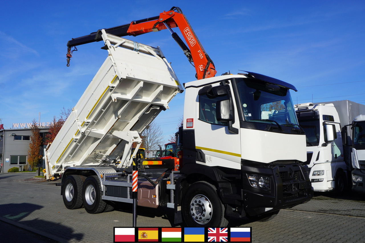 RENAULT C380 E6 6×4 / HDS Fassi F135 2700 MTH / Range 8 m / 5.6 t lifting capacity / 3-side tipper / Bortmatic - Tippbil, Kranbil: bilde 1 RENAULT C380 E6 6×4 / HDS Fassi F135 2700 MTH / Range 8 m / 5.6 t lifting capacity / 3-side tipper / Bortmatic - Tippbil, Kranbil: bilde 1