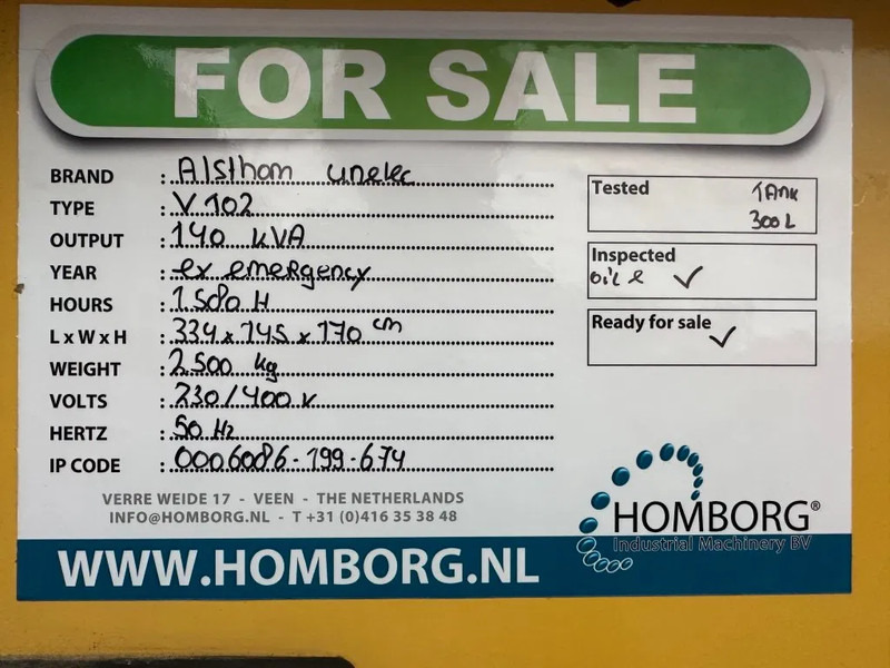 Elektrisk generator Alsthom V102 unelec 140 kVA generatorset ex Emergency Noodstroom Aggregaat: bilde 15