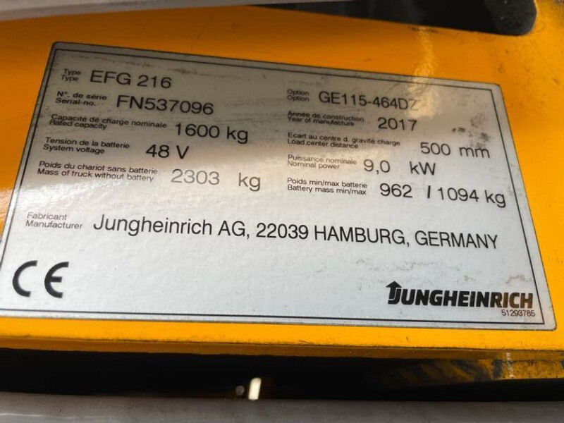 El-truck Jungheinrich EFG 216 Elektra 1.6 ton Triplex Freelift Sideshift Elektra Heftruck: bilde 10